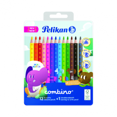 Creioane color Combino, set 12 culori + 1 creion grafit ”învață-să-scrii”, cutie de metal, Pelikan