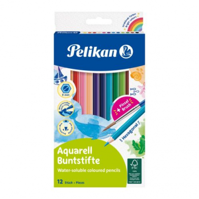 Creioane color solubile în apă, lăcuite, secțiune hexagonală, mină 3 mm, set 12 culori, Pelikan