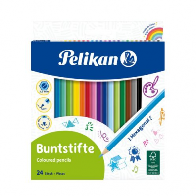 Creioane color lăcuite, secțiune hexagonală, mină 3 mm, set 24 culori, Pelikan
