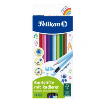 Creioane color cu radieră colorată în culoarea minei, lăcuite, secțiune hexagonală, mină 3 mm, set 12 culori, Pelikan