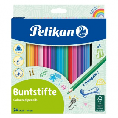 Creioane color lăcuite, secțiune triunghiulară, mină 3 mm, set 24 culori inclusiv 4 culori metalice, Pelikan