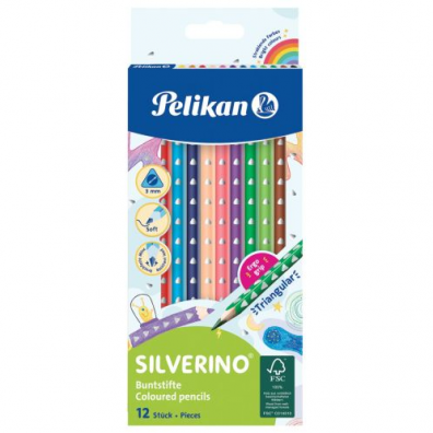 Creioane color Silverino lăcuite, secțiune triunghiulară, mină 5 mm, antirupere set 12 culori, Pelikan