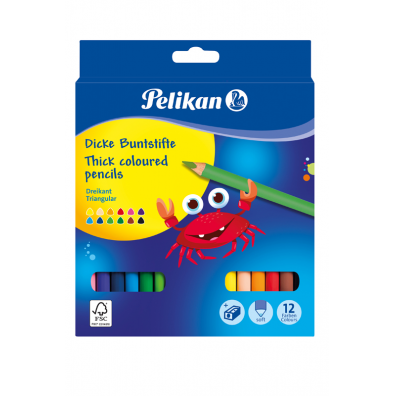 Creioane color Jumbo lăcuite, groase, secțiune triunghiulară, mină 5 mm, set 12 culori, ascuțitoare inclusă, Pelikan