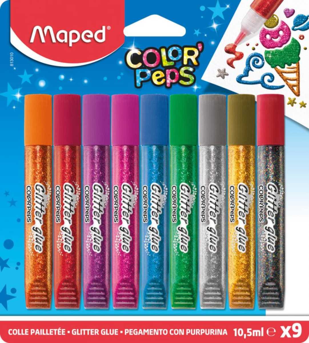Adeziv lichid cu sclipici Maped Color’Peps 9 culori/set