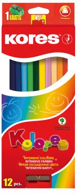 Creioane colorate 12 culori și ascuțitoare, triunghiulare, Kores