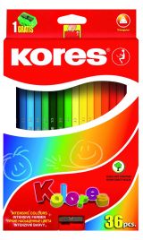Creioane colorate 36 culori și ascuțitoare, triunghiulare, Kores