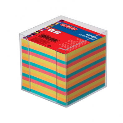 Cub notițe color, dimensiune 9x9x9 cm, 650 file, cu suport plastic transparent, Herlitz