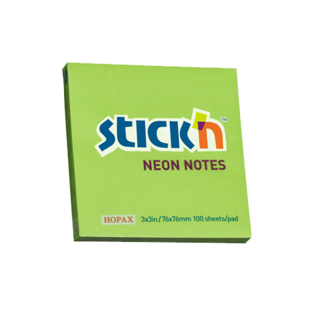Notes autoadeziv 76 x  76 mm, 100 file, Stick’n, verde neon, Hopax
