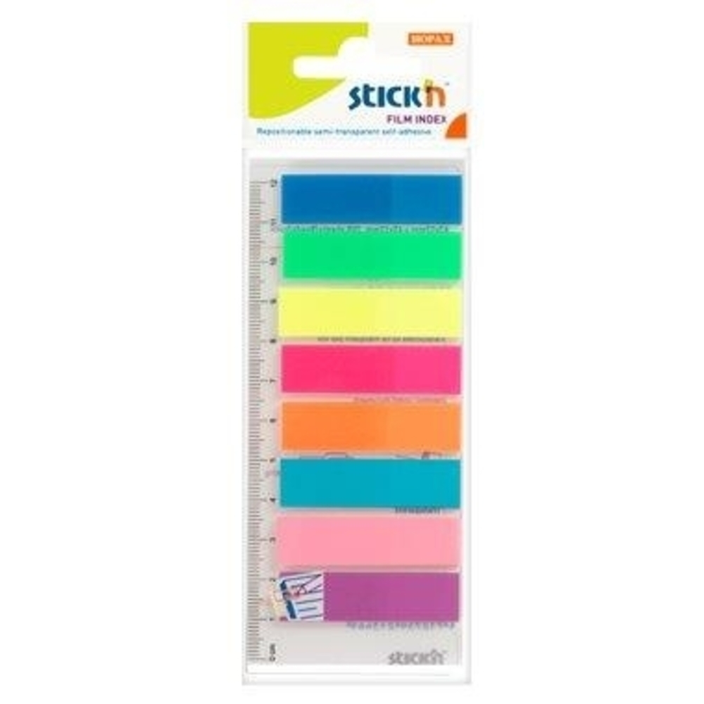 Stick index plastic transparent color 45 x 12 mm, 8 x 25 file/set + riglă, Stick’n, 8 culori neon, Hopax