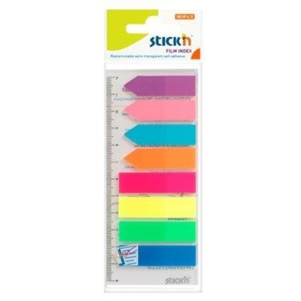 Stick index plastic transparent color 45 x 12 mm, 8 x 25 file/set + index săgeată, Stick’n, 8 culori neon, Hopax