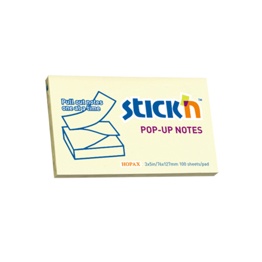 Notes autoadeziv 76 x 127 mm, 100 file, Stick’n Pop-up, galben pastel, Hopax