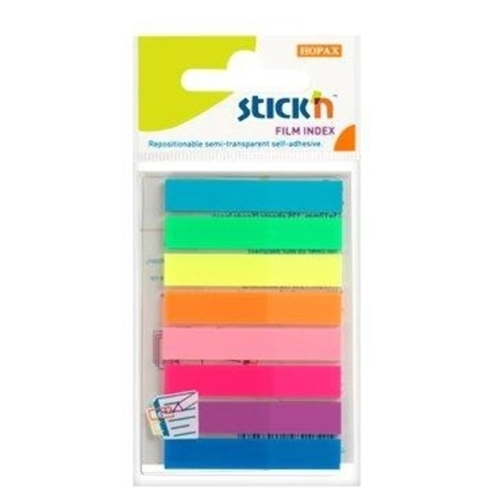 Stick index plastic transparent color 45 x 8 mm, 8 x 20 file/set, Stick’n, 8 culori neon, Hopax