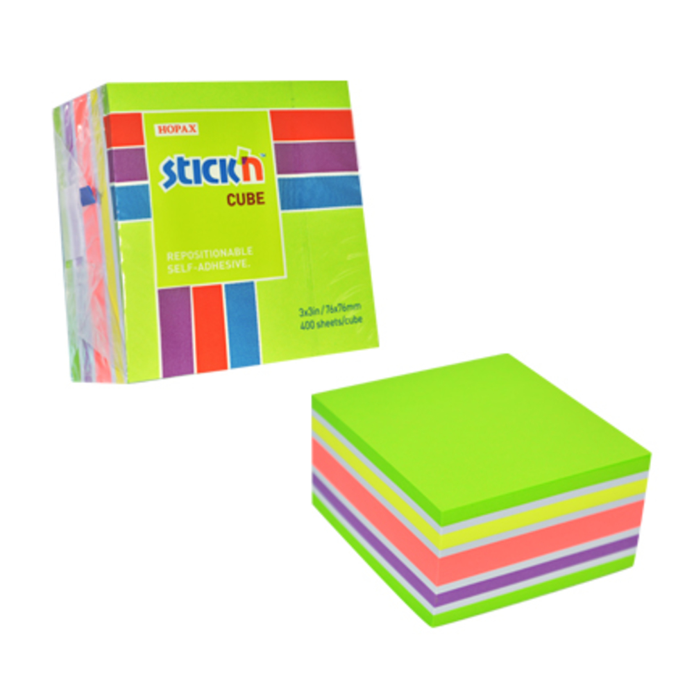 Cub notes autoadeziv 76 x 76 mm, 400 file, Stick’n, neon/pastel asortate, Hopax