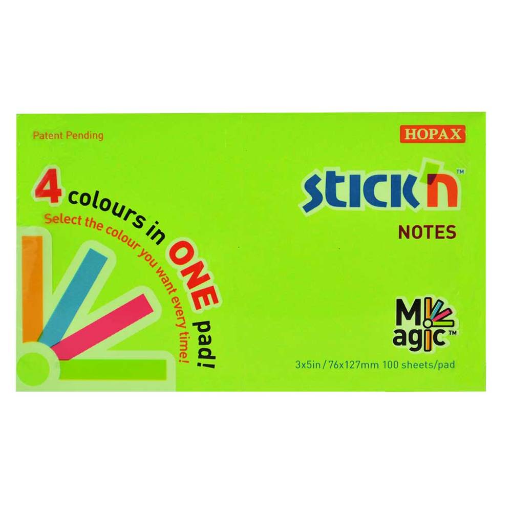 Magic notes autoadeziv 76 x 127 mm, 100 file, Stick’n Magic Notes, 4 culori neon, Hopax