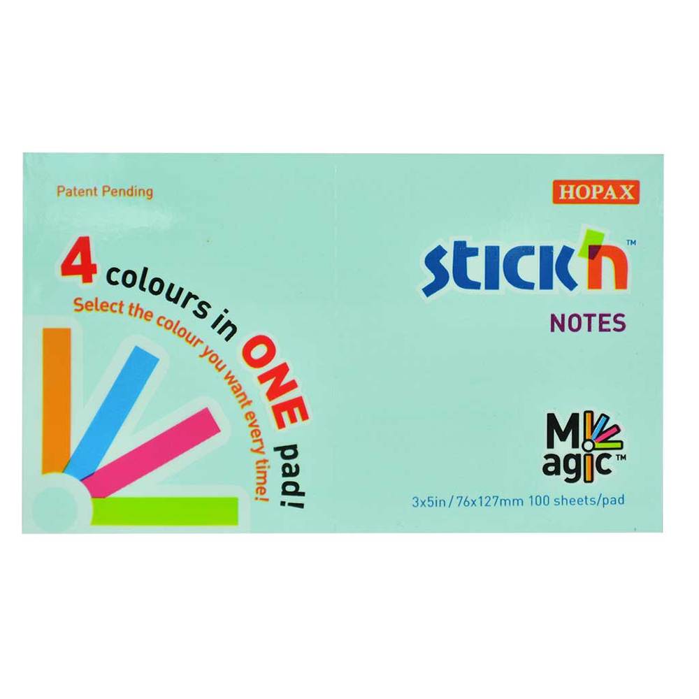 Magic notes autoadeziv 76 x 127 mm, 100 file, Stick’n Magic Notes, 4 culori pastel, Hopax
