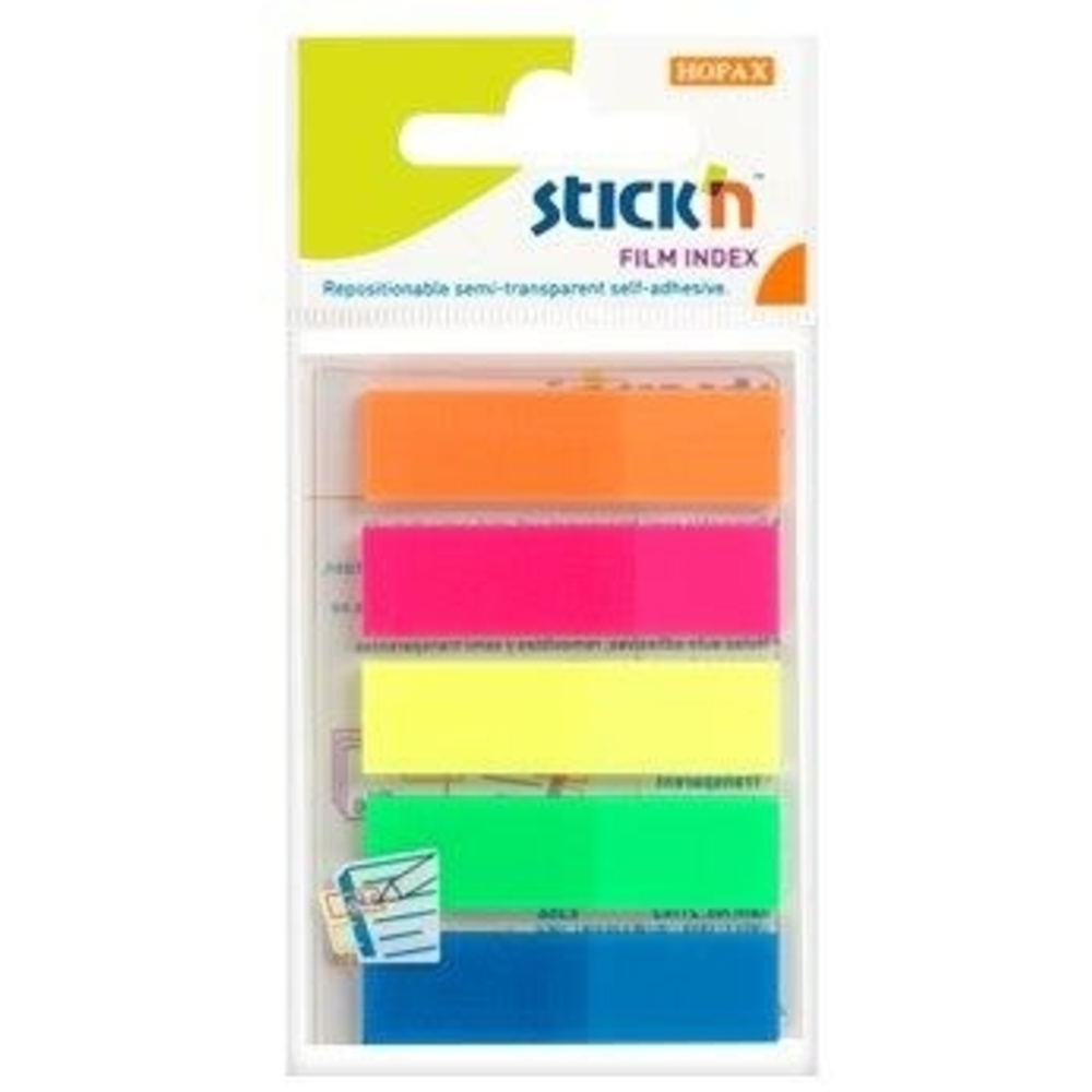 Stick index plastic transparent color 45 x 12 mm, 5 x 25 file/set, Stick’n, 5 culori neon, Hopax