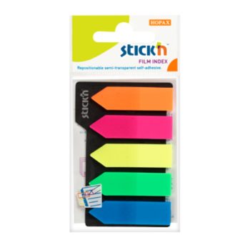 Stick index plastic transparent color 42 x 12 mm, 5 x 25 file/set, Stick’n, 5 culori neon, săgeată, Hopax
