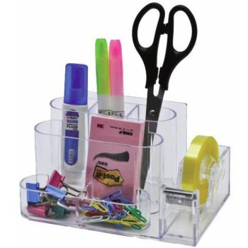 Suport plastic pentru accesorii de birou, 7 compartimente, 168 x 78mm, Kejea, transparent
