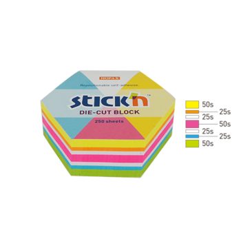 Notes autoadeziv Die-Cut – hexagon, 61 x 70 mm, 250 file, Stick’n, 5 culori fluorescente, Hopax