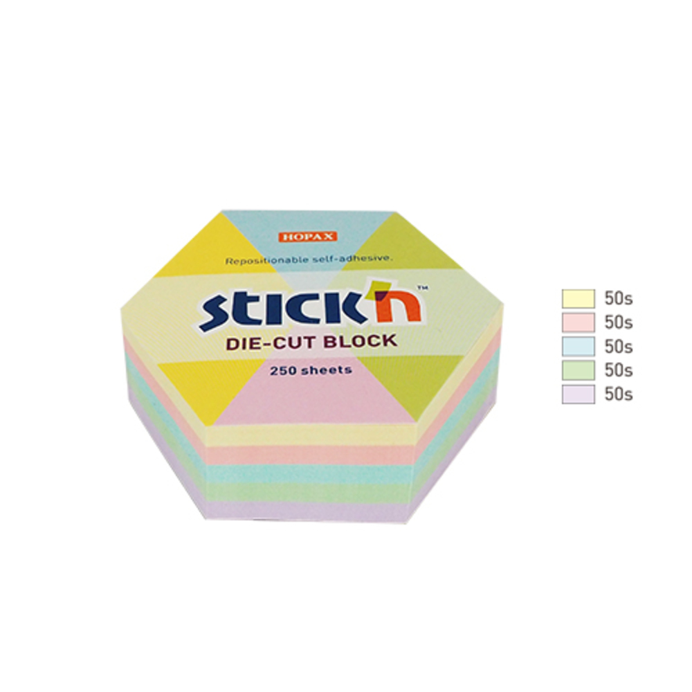 Notes autoadeziv Die-Cut – hexagon, 61 x 70 mm, 250 file, Stick’n, 5 culori pastel, Hopax
