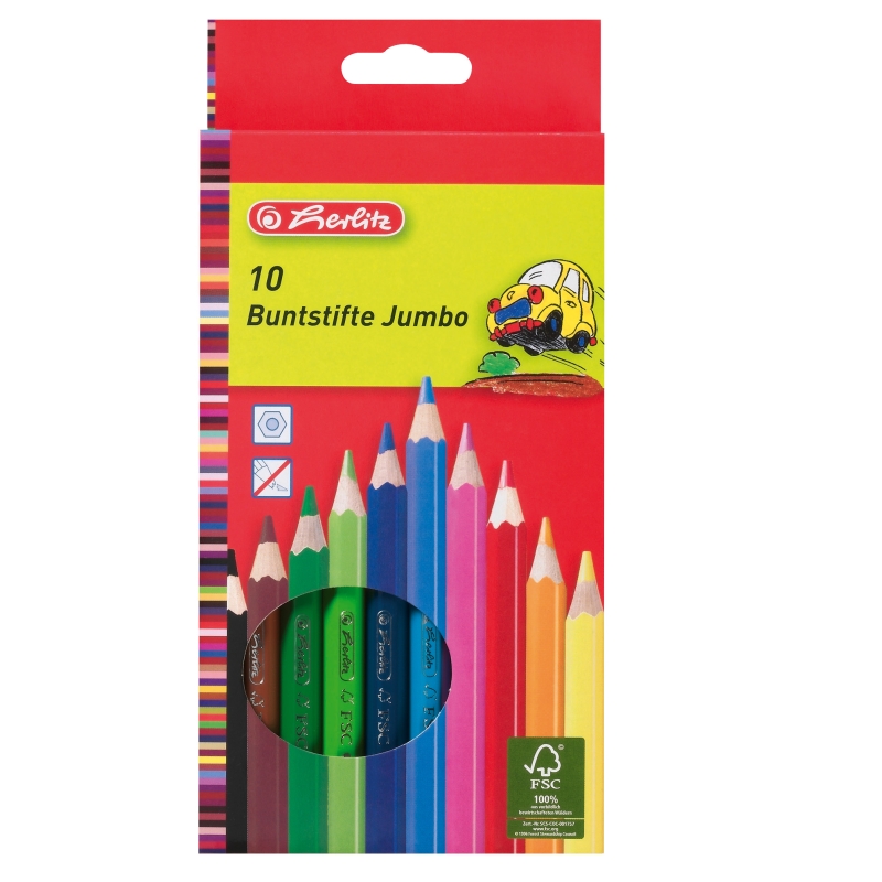 Creioane color Jumbo, lăcuite, secțiune hexagonală, set 10, Herlitz