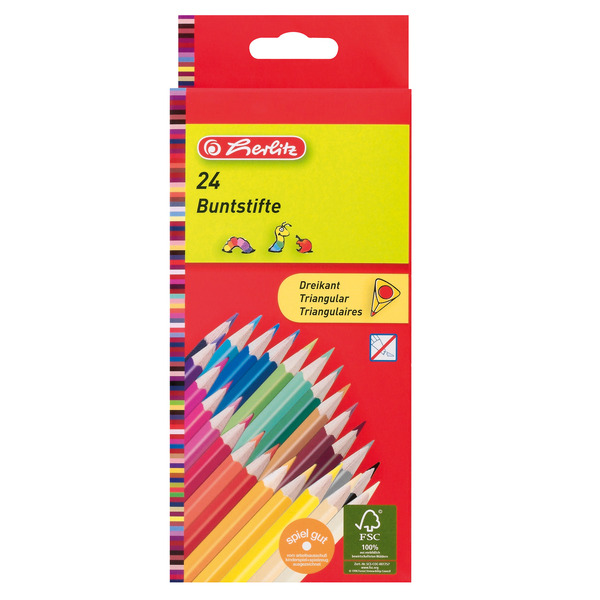 Creioane color 1/1, lăcuite, secțiune triunghiulară, set 24, Herlitz