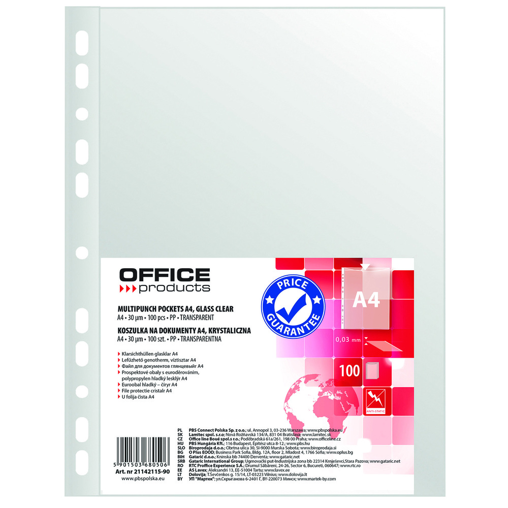 Folie protecție pentru documente A4, 30 microni, 100 folii/set, cristal, Office Products