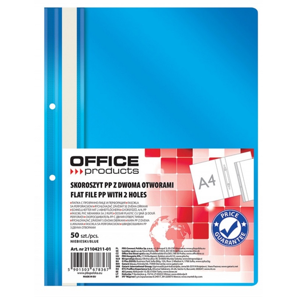 Dosar plastic PP, cu șină și găuri A4, albastru, Office Products
