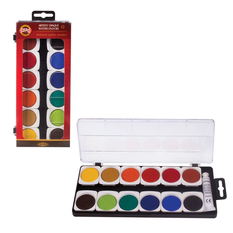 Set acuarela, 12 culori, 30 cm, cu pastile de culoare opace pentru artiști, Koh-I-Noor