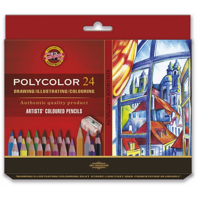 Set 24 creioane colorate Polycolor, ascuțitoare, 2 creioane grafit gama 1500, cutie carton, Koh-I-Noor