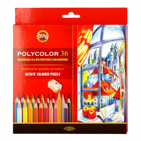 Set 36 creioane colorate Polycolor, ascuțitoare, 2 creioane grafit gama 1500, cutie carton, Koh-I-Noor