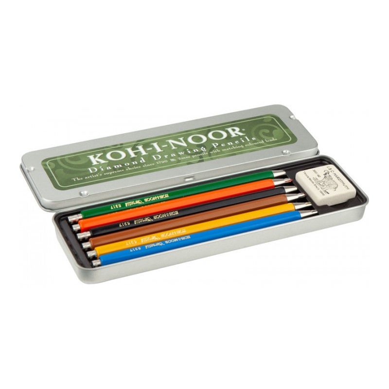 Set 6 creioane mecanice METAL, mine cu color și gumă, cutie metal, Koh-I-Noor