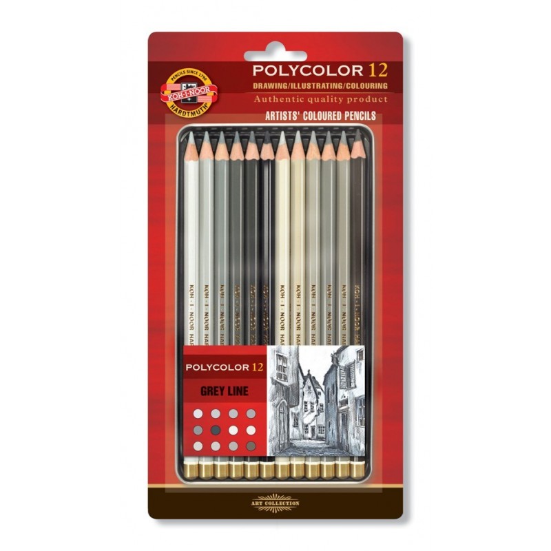 Set 12 creioane color Polycolor cutie metalică blister gri, Koh-I-Noor