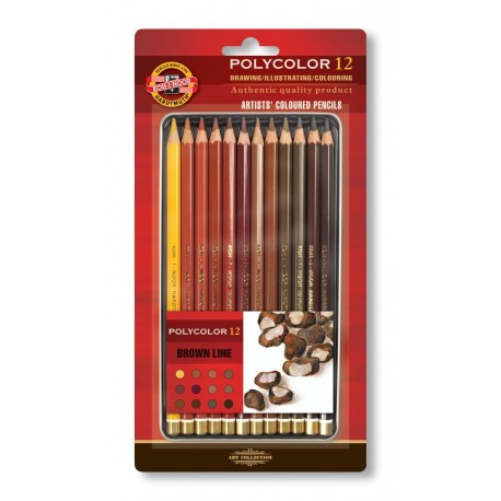 Set 12 creioane color Polycolor cutie metalică blister, maron, Koh-I-Noor