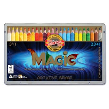 Set 24 creioane colorate triunghiulare Magic Jumbo, cutie tablă, Koh-I-Noor