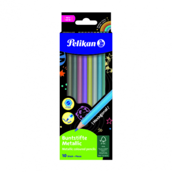 Creioane color metalizate, hexagonale, set 10 culori, vârf 3 mm, blister, Pelikan