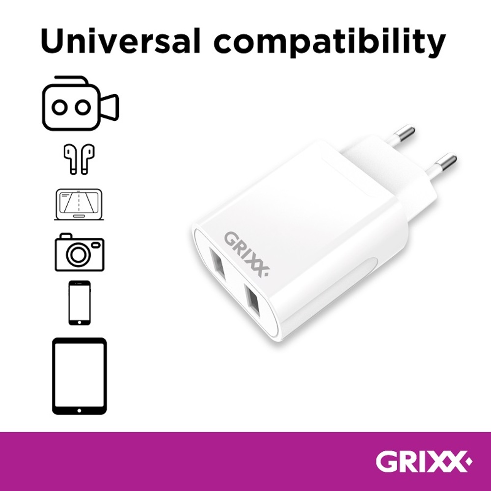 Încărcător priză 220V, Grixx Optimum, 2 x USB, Grixx