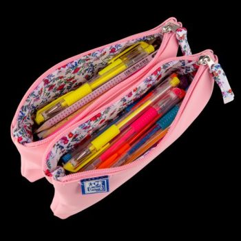 Penar Oxford 2 Zip Floral Pastel, tip etui dublu, 2 fermoare, culoare roz deschis