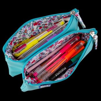 Penar Oxford 2 Zip Floral Pastel, tip etui dublu, închidere cu fermoar, culoare turcoaz