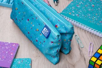 Penar Oxford 2 Zip Floral, tip etui dublu, 2 fermoare, culoare turcoaz