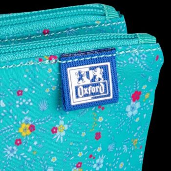 Penar Oxford 2 Zip Floral, tip etui dublu, 2 fermoare, culoare turcoaz