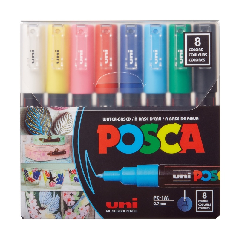 Marker UNI Posca PC-1M, vârf rotund, 0.7 mm, set 8 culori, Posca