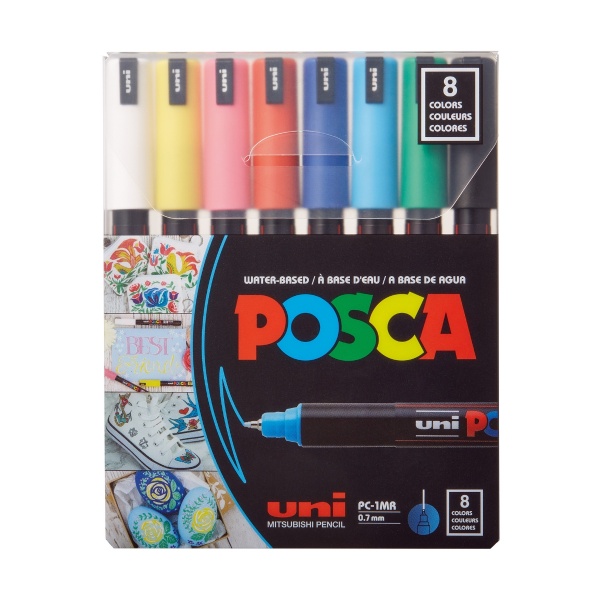 Marker UNI Posca PC-1MR, vârf fin metalic, 0.7 mm, set 8 culori, Posca