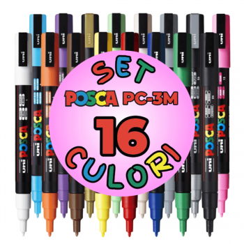 Marker UNI Posca PC-3M, varf rotund, 0.9-1.3 mm, set 16 culori, Posca