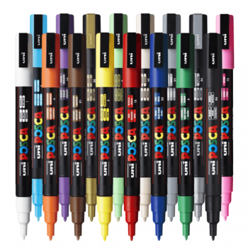 Marker UNI Posca PC-3M, varf rotund, 0.9-1.3 mm, set 16 culori, Posca