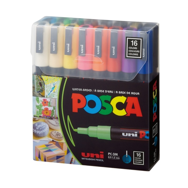 Marker UNI Posca PC-3M, varf rotund, 0.9-1.3 mm, set 16 culori, Posca