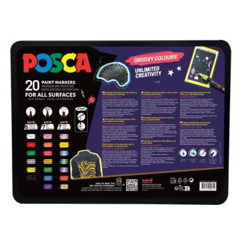 Set 20x Marker UNI Posca Groovy Colours, cutie metalica (6 x PC-1M, 7 x PC-3ML, 7 x PC-5M), Posca