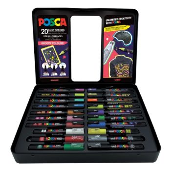 Set 20x Marker UNI Posca Groovy Colours, cutie metalica (6 x PC-1M, 7 x PC-3ML, 7 x PC-5M), Posca