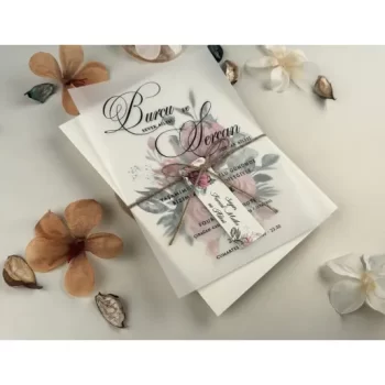 Invitație nuntă cu etichetă imprimeu flori, șnur 85842 Elite