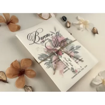 Invitație nuntă cu etichetă imprimeu flori, șnur 85842 Elite